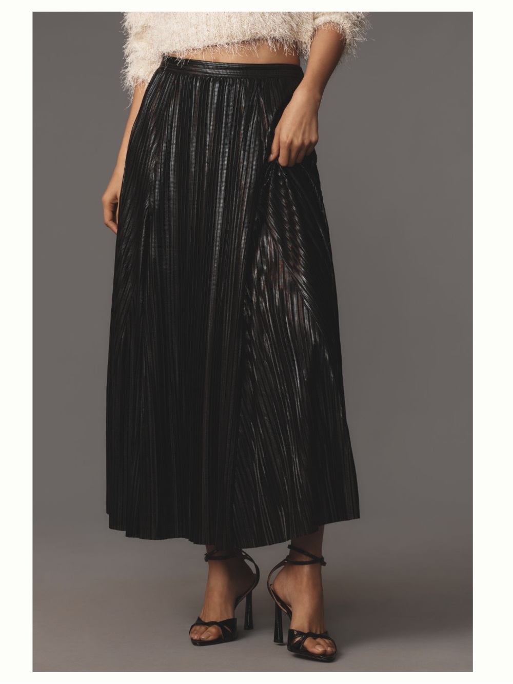 NWT Anthropologie Metallic Black Lightweight Flowy Pleated Midi Skirt,XL - Picture 1 of 13